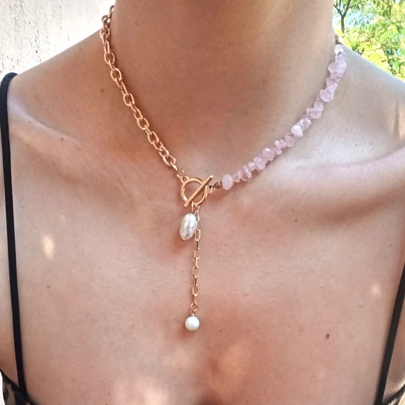 Pink-Gold ásványköves nyaklánc (szívecskés medállal)